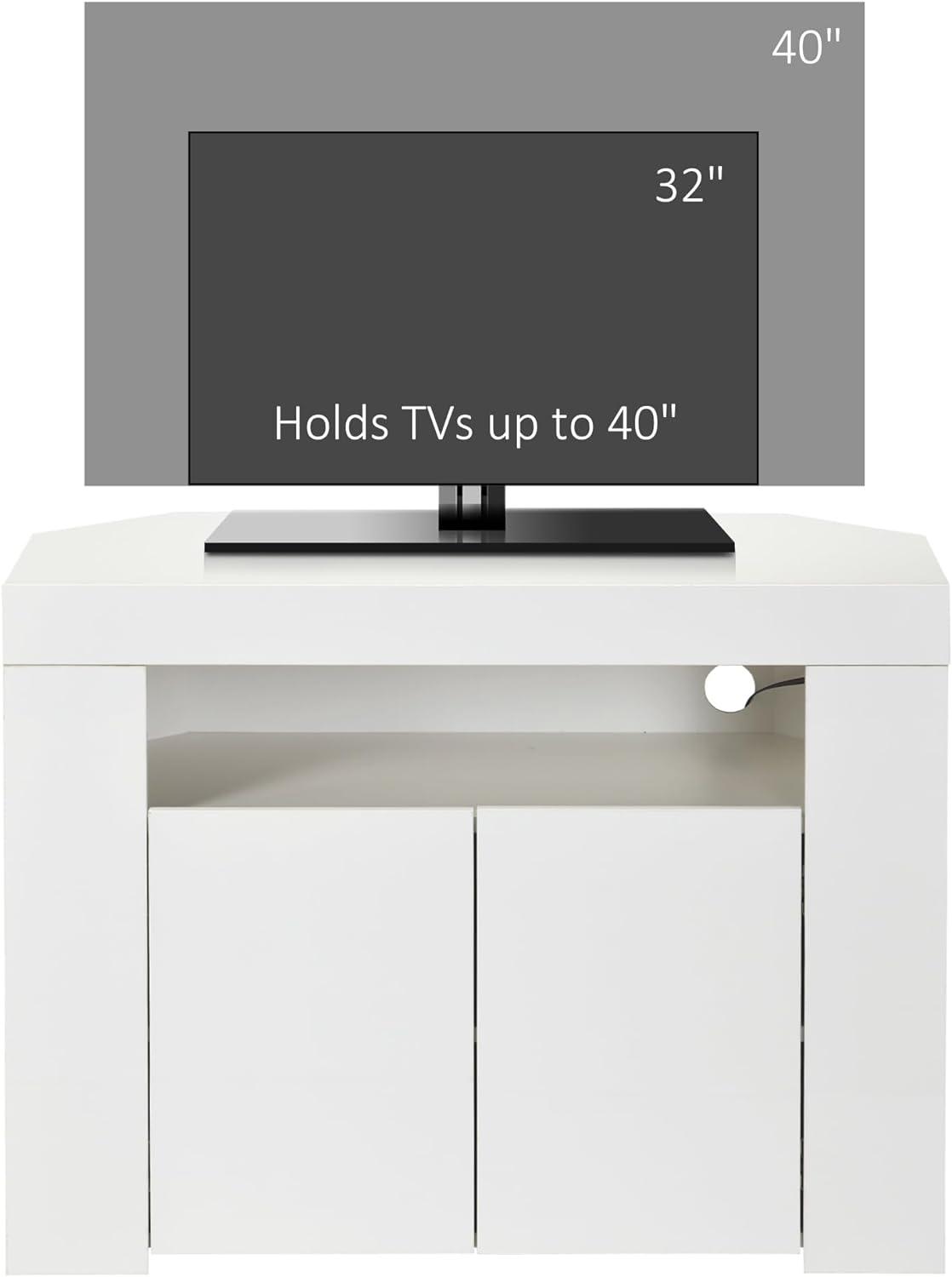 Space-Saving High Gloss White Corner TV Stand with LED Lights and Storage - Furniture4Design