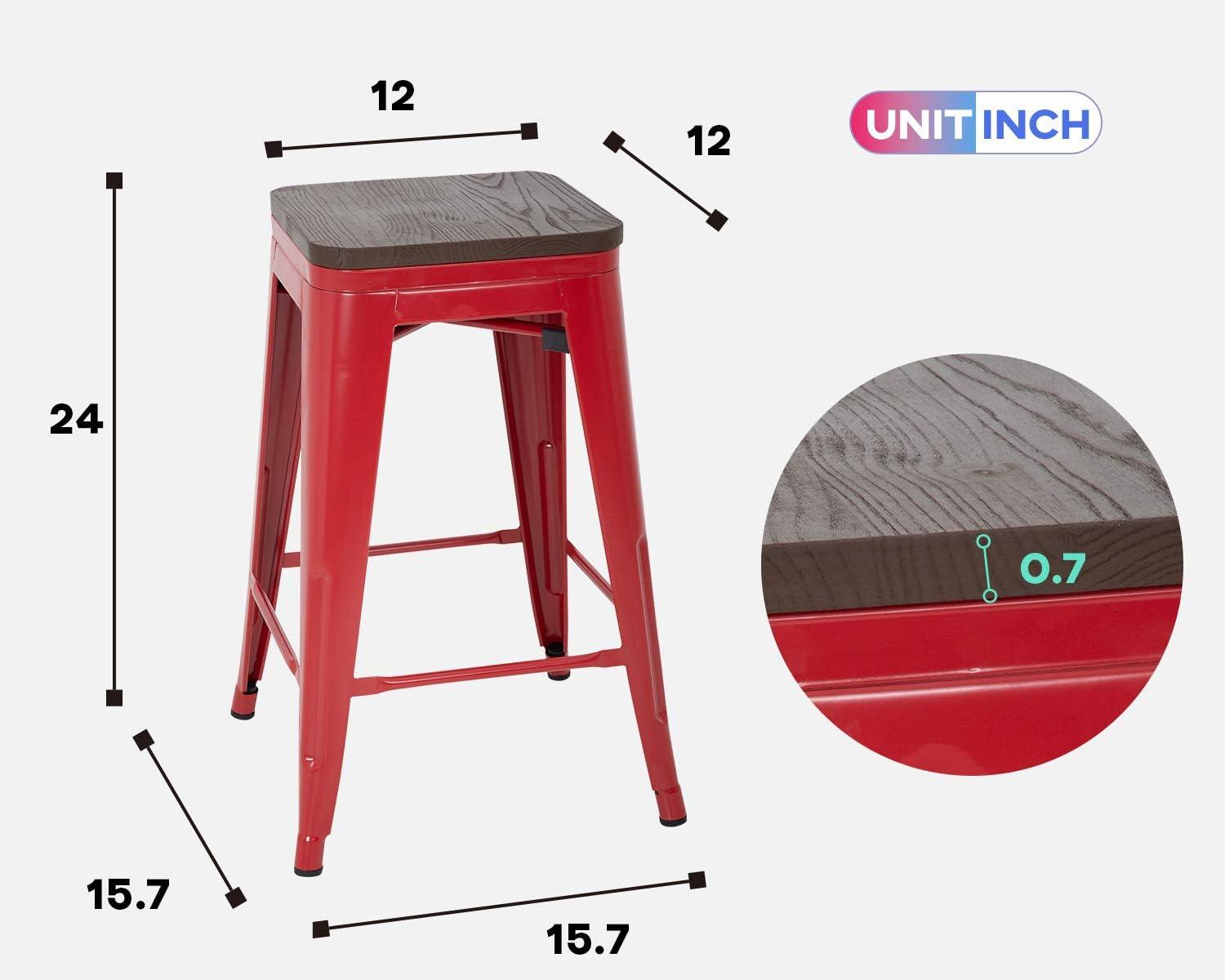 Stackable Metal Barstools Set of 4 with Wood Seat - Red - Furniture4Design