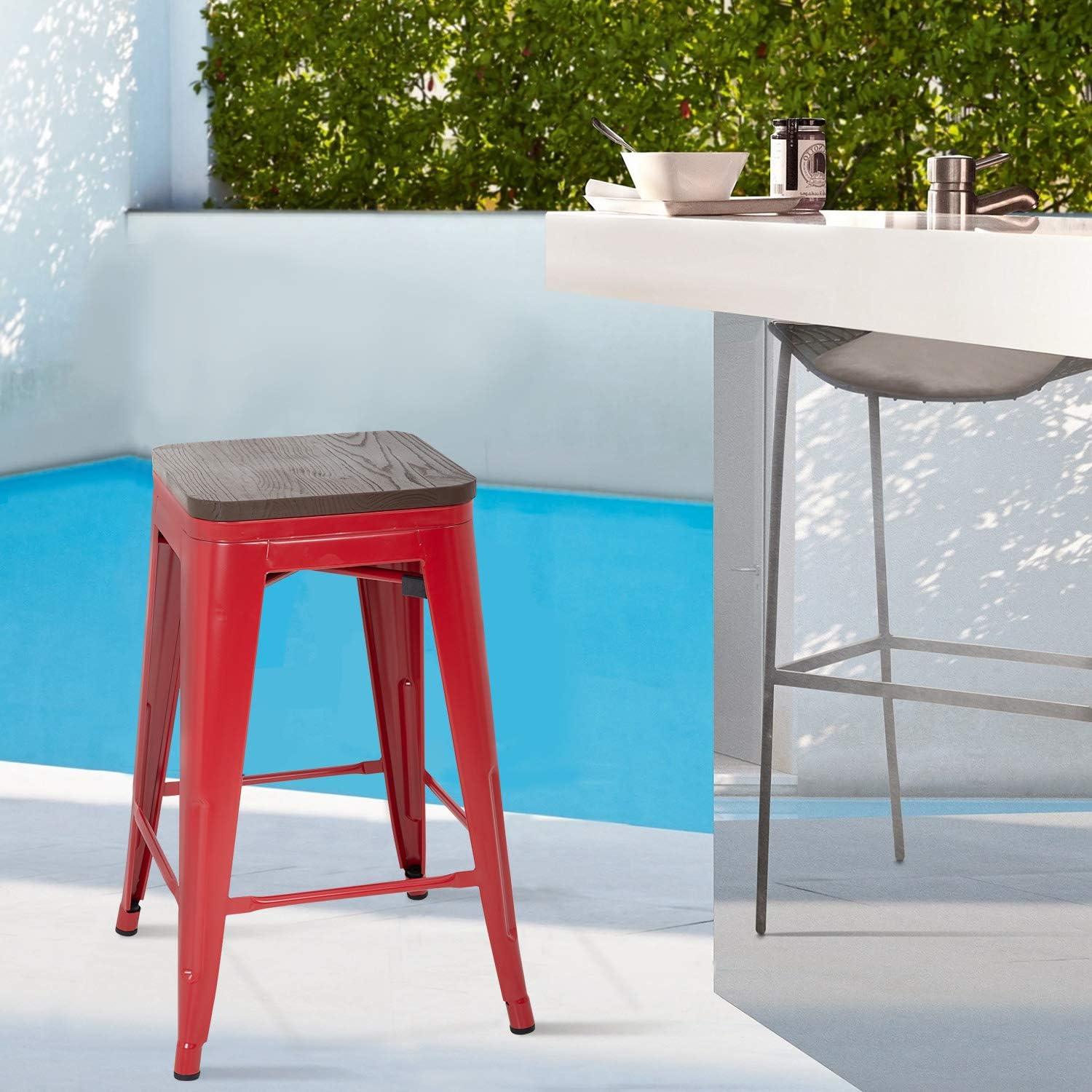 Stackable Metal Barstools Set of 4 with Wood Seat - Red - Furniture4Design