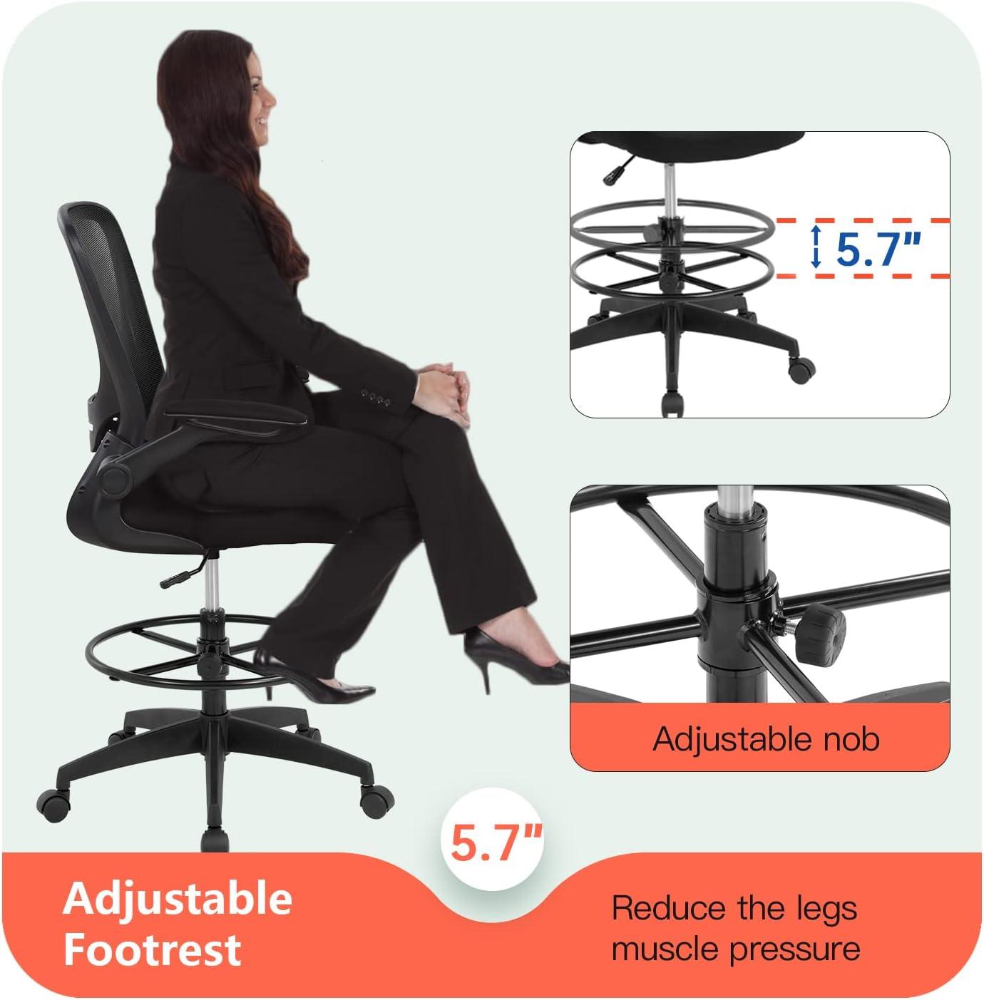 Standing Desk Chair with Adjustable Foot Ring and Flip-up Armrests (Black) - Furniture4Design