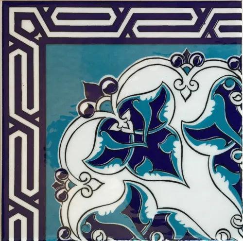 Turkish Turquiose, White & Blue 8"x8" Iznik Floral Pattern Ceramic Tile Corner - Furniture4Design