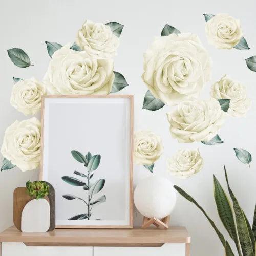 WALL STICKER FLOWER DECAL WHITE ROSES FLORALS VINYL MURAL LIVING ROOM HOME DECOR - Furniture4Design