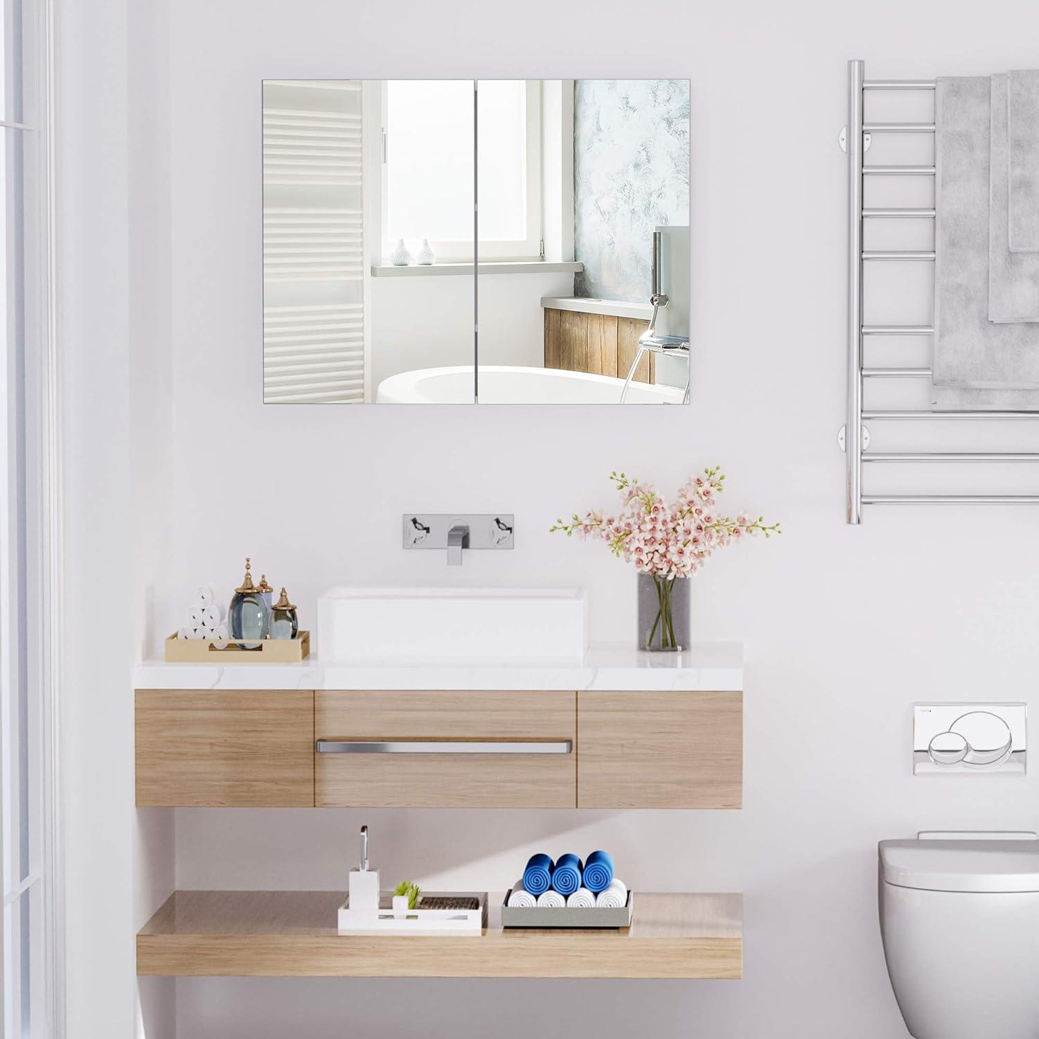 White Bathroom Mirror Cabinet with Adjustable Shelves and Double Mirrored Doors - Furniture4Design