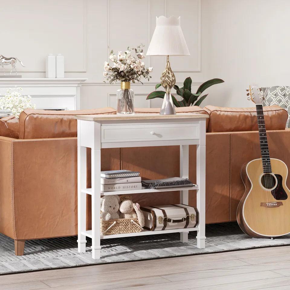 White Console Table Hallway Side Desk w/ Drawer 2 Shelves Worktop Retro Elegant - Furniture4Design