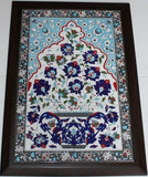 Wood Framed 19"x27" Turkish Handmade Iznik Floral Pattern Tile PANEL MURAL - Furniture4Design